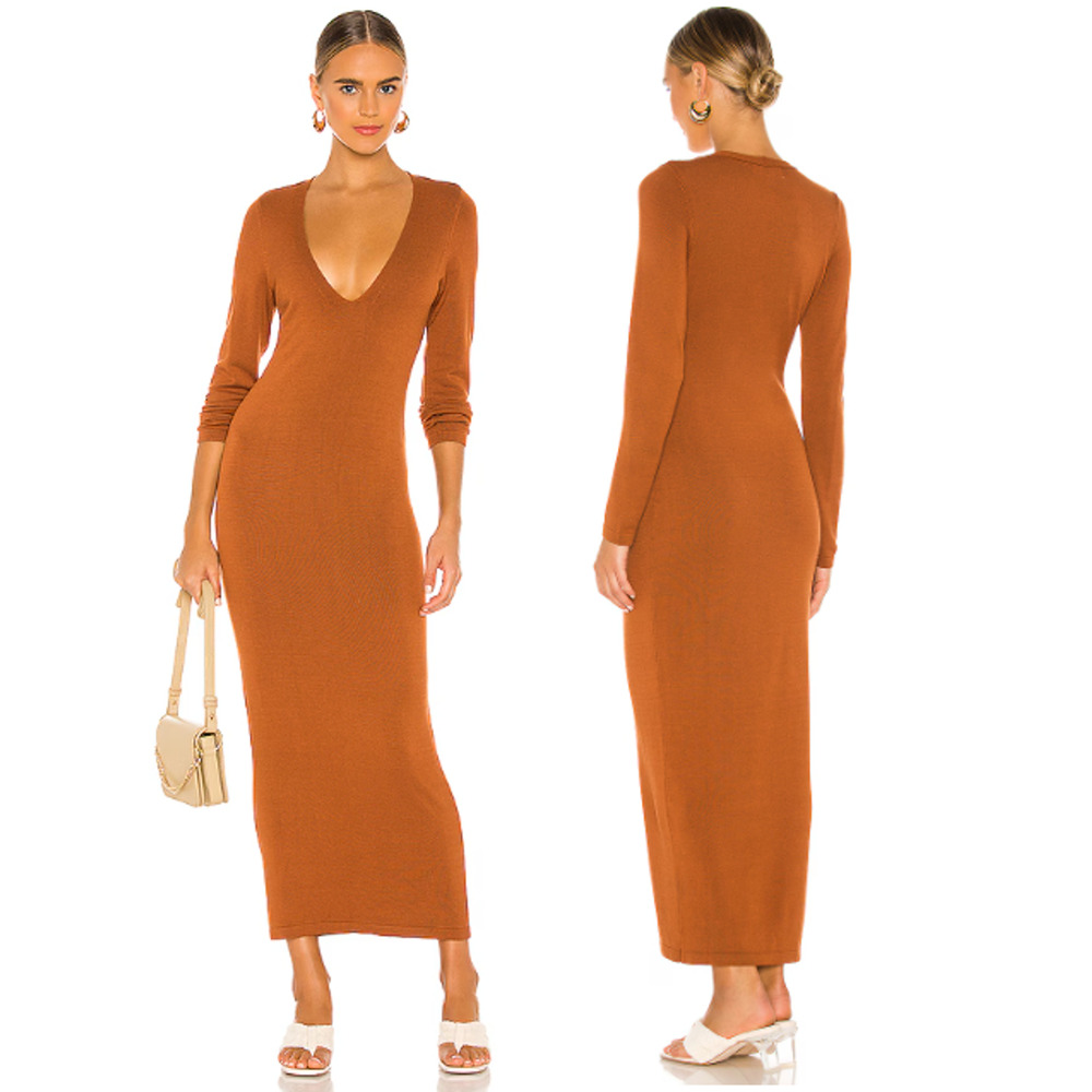 L'Academie Deena Long Sleeve V-Neck Bodycon Maxi Dress Brown Women's Size XS